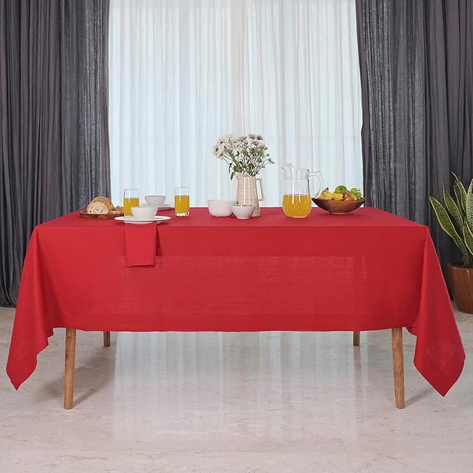 D'Moksha Homes Bright Red Linen Tablecloth 54 x 72 Inch - 100% Pure Linen Tablecloth for Rectangle Tables - Machine Washable Table Cloth for Valentines, Spring, Easter