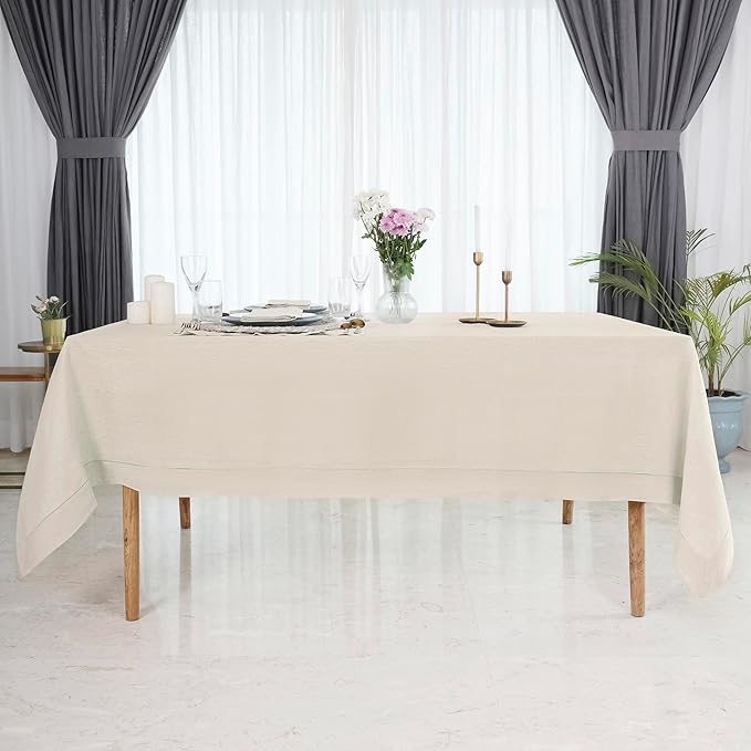 D'Moksha Homes Light Natural Linen Tablecloth 60 x 108 Inch - 100% Pure Linen Natural Table Cloth for Rectangle Tables - Classic Hemstitch, Machine Washable Tablecloth for Valentines, Spring, Easter