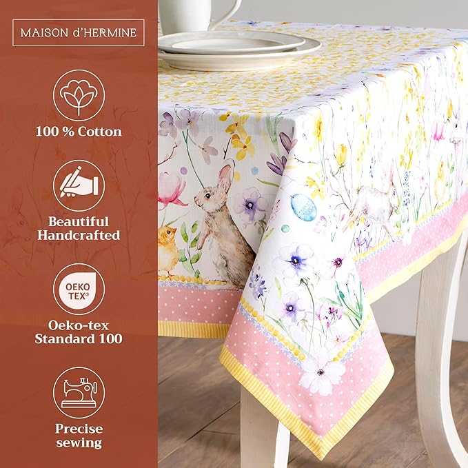 Maison d' Hermine Table Cloth Rectangle Table 100% Cotton 70 x 90 Inches Tablecloth Reusable Decorative for Dining Room Farmhouse Home Valentines Day Decorations Spring Summer - Easter Zest