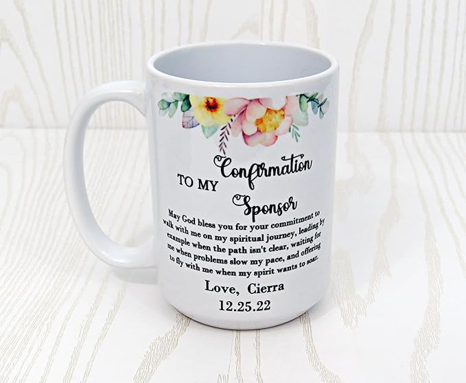 Personalized Confirmation Sponsor Mug – Custom Thank You Gift with Name – Religious Appreciation Present for Mentor or Godparent – Floral Faith Keepsake