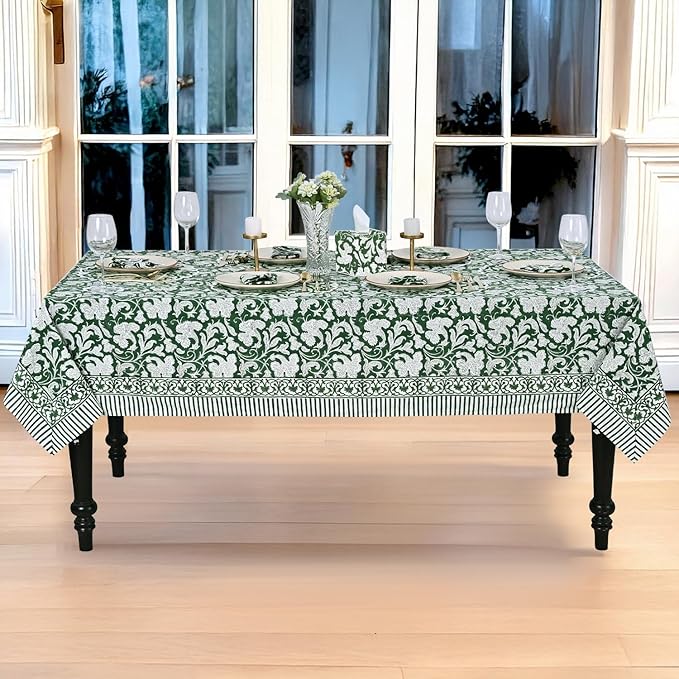 Ridhi Hand Block Print Pantone Artichoke Rectangle Cotton Tablecloth 160" x 72" Reusable Table Cover Decorative Everyday Use for Dining, Farmhouse, Home Gift for Spring, Easter, Valentine