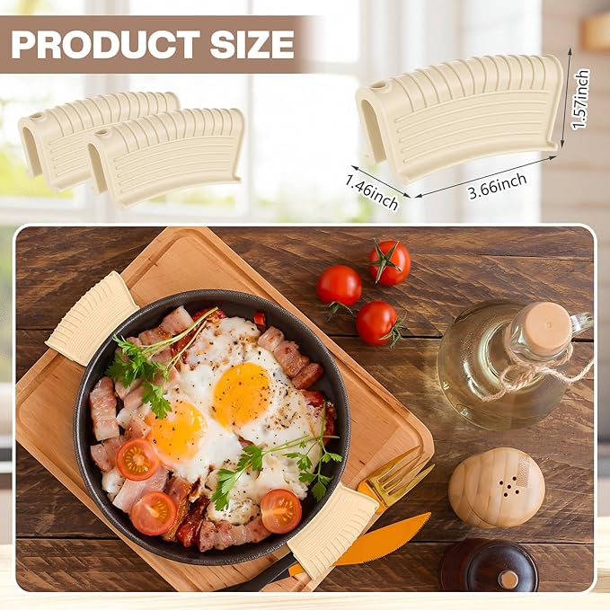 Patelai 4 Pcs Silicone Assist Hot Pan Handle Holder Pot Handle Covers for Cast Iron Skillets Holder Sleeve Nonslip Heat Resistant Pan Cover for Enameled Griddles Casserole Frying Cookware (Beige)
