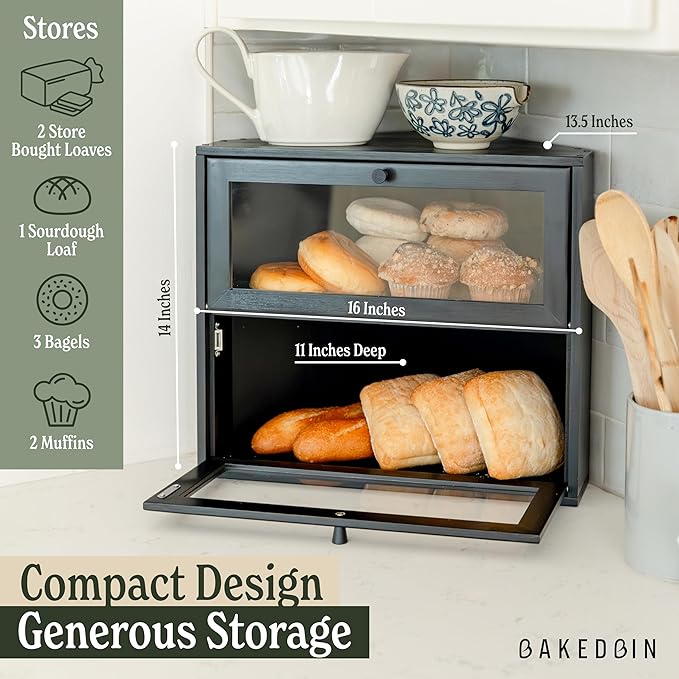Corner Bread Box for Kitchen Countertop - New 2026 Airtight Design - Extra Large, Double Layer Black BreadBox, Vintage Storage for Homemade Bread, Under Cabinet Organizer