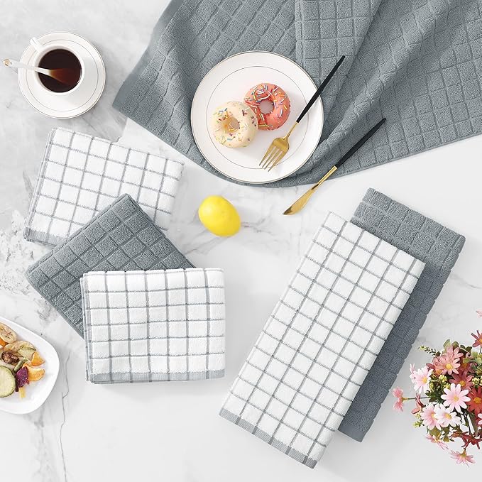 Homaxy Premium Cotton Kitchen Towels 16"x 28", Large Natural Ring Spun 390 GSM Dish Towels, Super Absorbent Terry Kitchen Hand Towels, Soft Tea Towels with Hanging Loop, Grey Check Design, 8 Pack