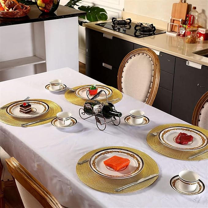6/12Set Round Braided Placemats Table Mats for Dining Tables Woven Washable Non-Slip Place mats 13inch Halloween Decor(Black,6 Set)
