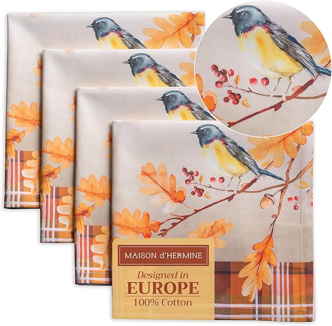 Maison d' Hermine Cloth Napkins Set of 4 100% Cotton for Thanksgiving Christmas Decorations Everyday Reusable Square Fall Napkins Cloth Washable Dinner Party (Oak Leaves, 20"x20")