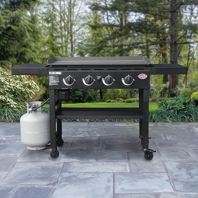 Char-Griller® Flat Iron 4-Burner Propane Gas Flat-Top Griddle with Steel Griddle Top, Wind Guards and Instant-Ignition, 775 Cooking Square Inches in Black, Model E8936