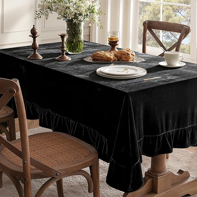 MIULEE Velvet Table Cloth with Decorative Ruffle Edge Luxurious Soft Washable Rectangular Tablecloth Thick Wrinkle-Resistant Oblong Table Cover for Kitchen Dining Party Wedding 60x84 Inch, Black
