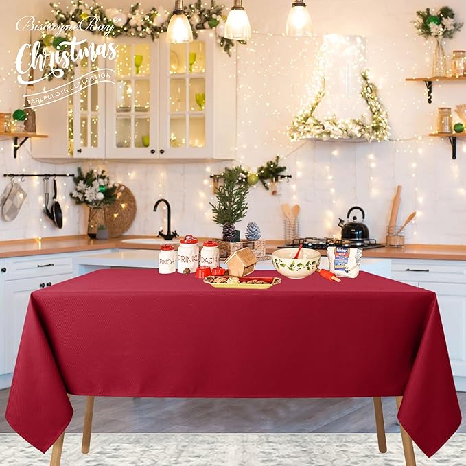 Biscaynebay Textured Fabric Christmas Table Cloth Rectangle 60x84 Inches, Red Water Resistant Spill Proof Tablecloths for Dining, Kitchen, Wedding and Parties, Machine Washable