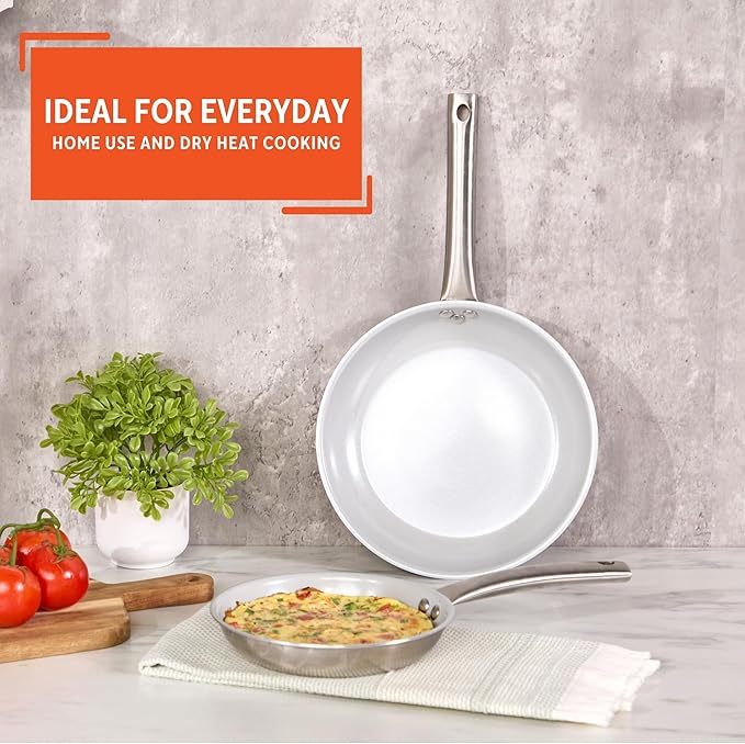 IMUSA 8” & 10” Stainless Steel Frying Pan Set with Gray Ceramic Non Stick Coating, 2 Ply Aluminum Construction, Oven Safe and Induction Compatible Skillet Duo