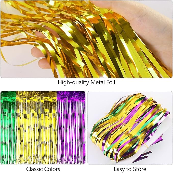 ADXCO 2 Pack Mardi Gras Metallic Foil Fringe Table Skirt Disposable Tinsel Table Skirt Banner Garland for Rectangle Round Tables, Mardi Gras Decoration, Gold Green Purple
