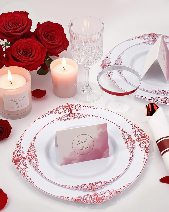 Nervure 350PCS Red Plastic Plates - White Red Plastic Dinnerware Set for 50 Guests - 100 Red Disposable Plates, 50 Pre Rolled Cutlery Set, 50 Cups Perfect for Wedding & Party & Valentine