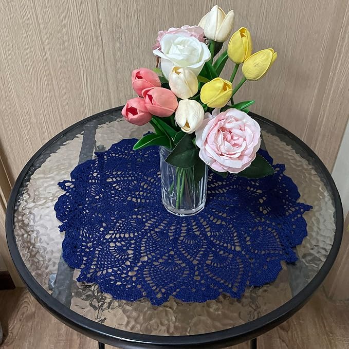 BIBITIME 16 to 17.5 inches Lace Placemats Table Doilies Round Handmade Crochet Doily Kitchen Coffee Cup Mug Mats Dinner Place Mats (1PC, Deep Blue)