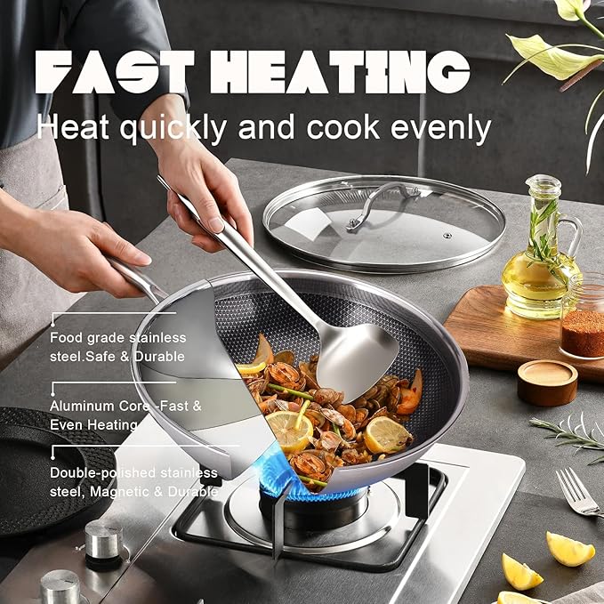 Hybrid Wok, 13 inch Wok with lid,Stainless Steel woks & Stir-fry pans Non Stick, PFOA Free Cookware, Dishwasher and Oven Safe, Compatible With Induction