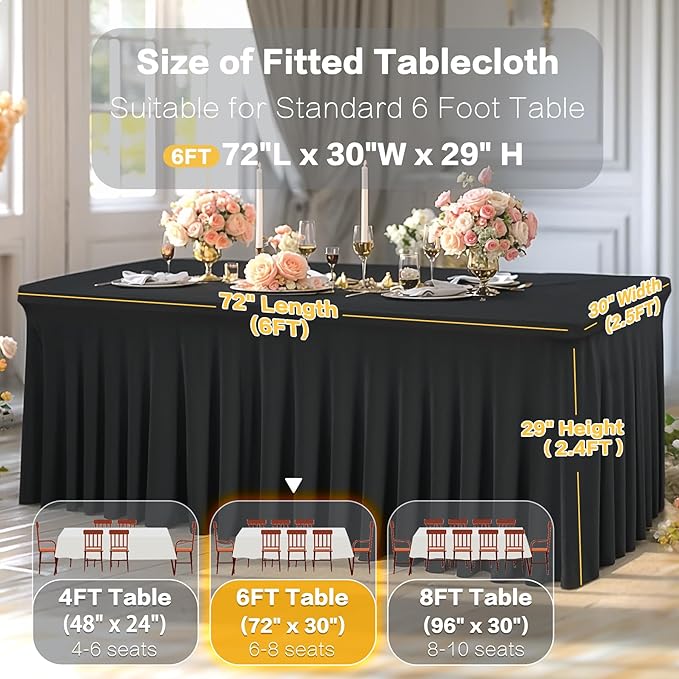 6 Packs Black Spandex Table Covers 6 Foot, Fitted Stretch Table Cloth with Skirts 72x30 Inch, Wrinkle-Free Floor Length Rectangle Tablecloths for Trade Show Weddings Parties Banquets Events