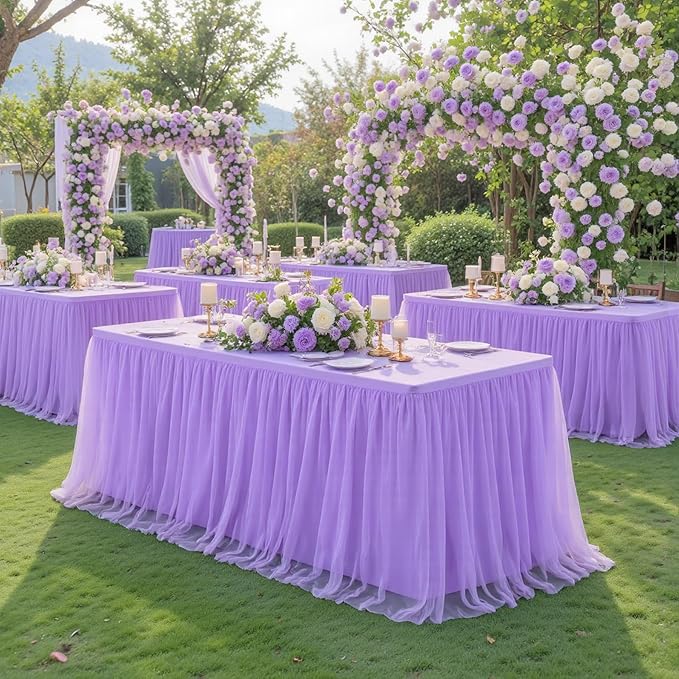 Lavender Tulle Tablecloth for 8 Foot Rectangular Table 8ft Light Purple Rectangle Table Cloth Wrinkle Free Tablecover with Tutu Skirt for Wedding Birthday Party Baby Shower Banquet Buffet Cake Event