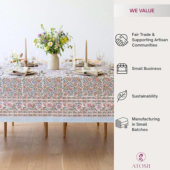 ATOSII Kalina 100% Cotton Rectangle Tablecloth, Handblock Floral Linen Table Cloth for Kitchen Dining Table I Parties Wedding Outdoors I Home Decor 60 X 108 Inches