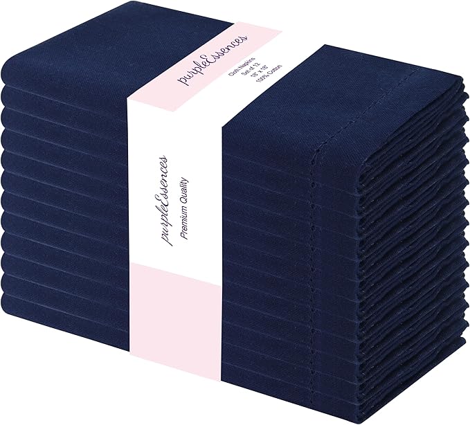 PurpleEssences Set of 12 Hemstitch Cloth Dinner Napkins 100% Cotton - Soft Durable Washable - Ideal for Wedding Christmas Holiday Winter - Perfect Everyday Use Table Linen 18x18 - Navy Blue