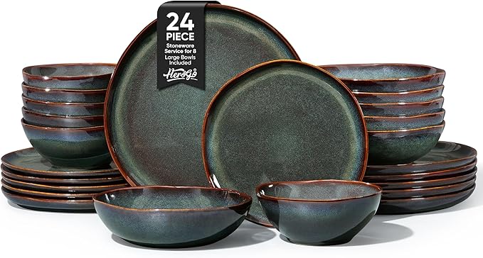 Herogo Stoneware Dinnerware Sets for 6, 24 Piece Ceramic Dinner Dishes Set, Irregular Handmade Plates and Bowls Dishware, Crack and Scratch Resistant, Reactive Glaze, Lichen Green