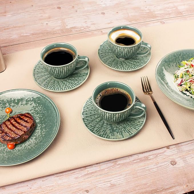 Coffee Mugs Set, 6.8 oz,Ceramic Tea Cup with saucer, Espresso Cups 8-piece, Stackable Cups, for Latte,Hot Tea,Cappuccino, Mocha, Cocoa, dishwasher & microwave safe, Dark green