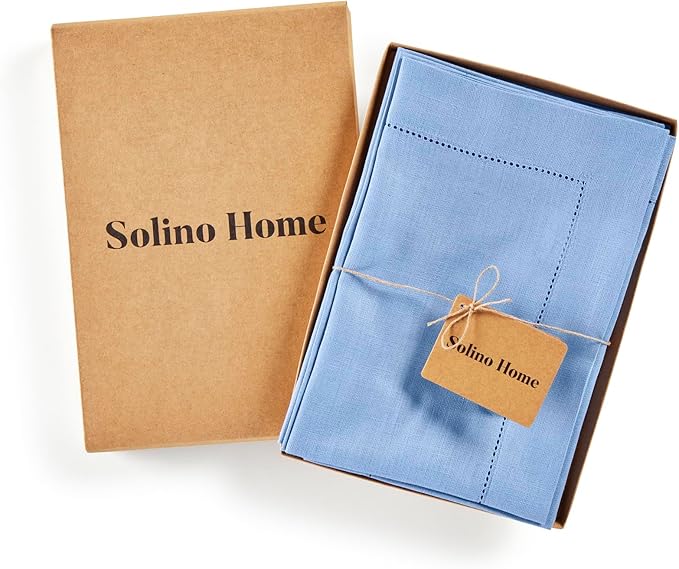 Solino Home Linen Cloth Napkins Set of 4-100% Pure Linen Cornflower Blue Dinner Napkins 20 x 20 Inch - Classic Hemstitch, Handcrafted and Machine Washable - Spring, Easter