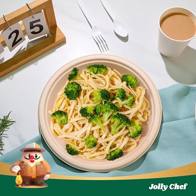 JOLLY CHEF Compostable Heavy Duty Plates 𝟭𝟬 𝗜𝗻𝗰𝗵 [𝟯𝟬𝟬 𝗣𝗮𝗰𝗸] Eco-Friendly Disposable Paper Plates Made of Bagasse Biodegradable Bulk for Party Dinner Sugarcane Thanksgiving Day (Natural)