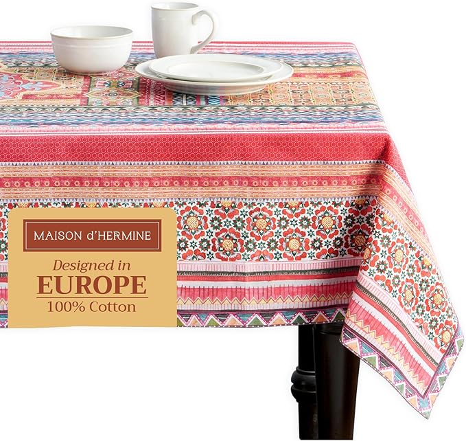 Maison d' Hermine Table Cloth Rectangle Table 100% Cotton 70 x 90 Inches Fall Tablecloth Reusable Everyday Use for Thanksgiving Christmas Decorations Dining Farmhouse Party (Ispahan)