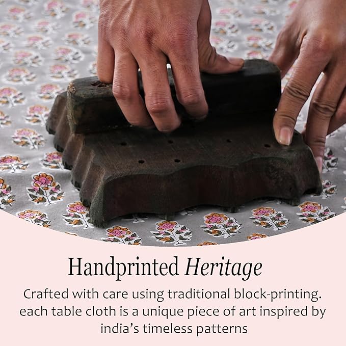 CPC Tablecloth 100% Cotton 72x190 Inch Indian Block Print Rectangle Table Cover, Gray Pink Table Cloth for Weddings, Spring/Summer, Barbeque - Labra Gray