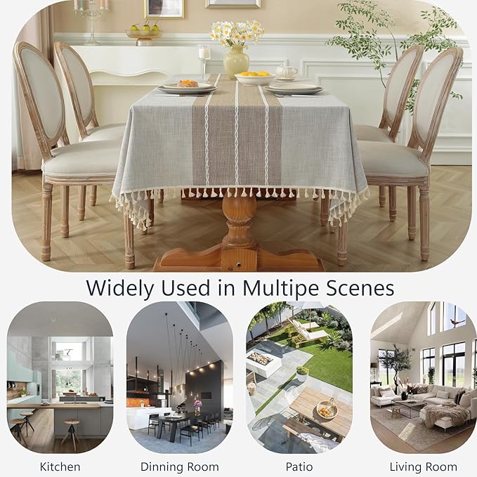 Alsoo Table Cloth Rectangle Table Rustic Waterproof Tablecloth Cotton Linen Wrinkle Free Spring Tablecloth for Party, Kitchen Dining, Holiday, Outdoor (Coffee Lines, 10-12 Seats, 55"x120")