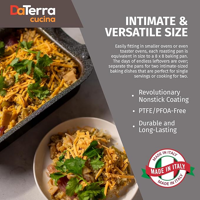 DaTerra Cucina - 13" Nonstick Ceramic Coated Dual Roasting Pan Set – 2 Identical Pans, Oven Safe, Ideal for Roasting, Baking, Searing, Braising, Casseroles, Fits Most Toaster Ovens