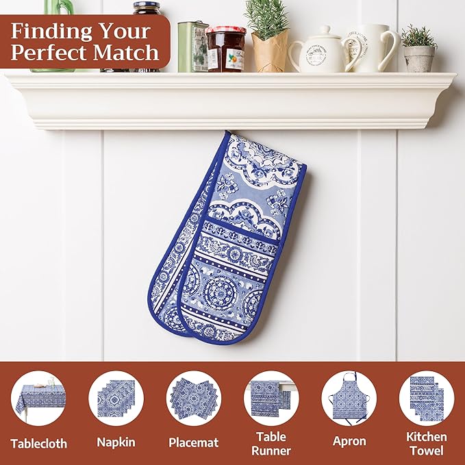 Maison d' Hermine Double Oven Mitts 100% Cotton 7"x35" Double Oven Mitt Heat Resistant BBQ Cooking Gloves with Loop, Baking, Grilling, Home, Kitchen, Handling Hot Pans Spring Summer (Melodie Bleue)