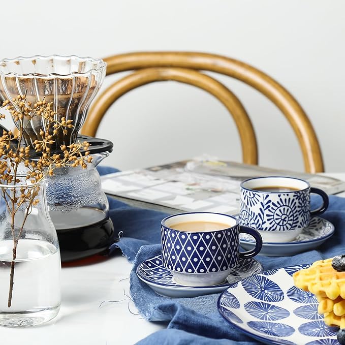 Selamica Ceramic Espresso Cups with Saucers and Metal Stand, 2.5 OZ Stackable Demitasse Cups for Espresso Latte Café Mocha Tea, Set of 4, Vintage Blue