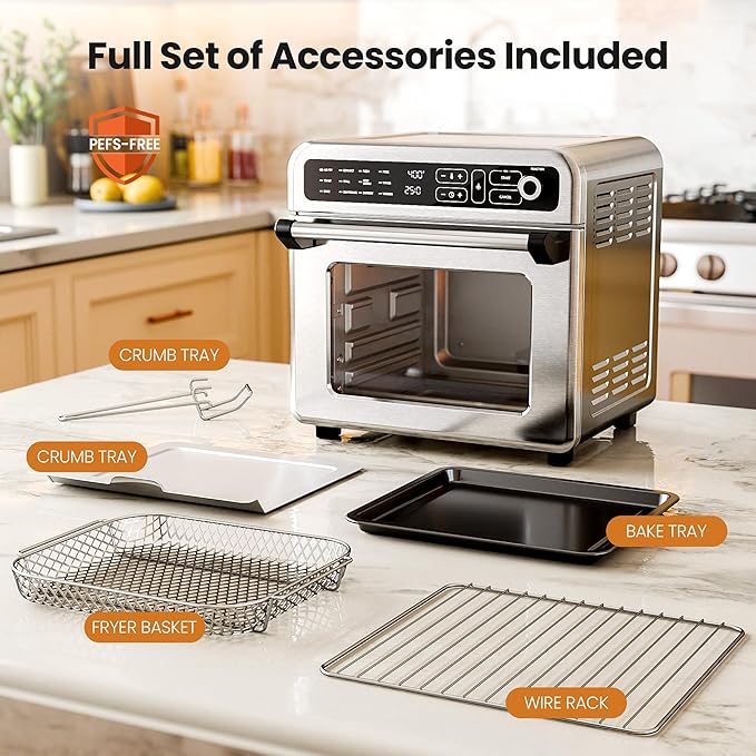 Kismile 18QT Air Fryer Toaster Oven Combo, 12-in-1 Countertop Convection Airfryer Oven, 70–450℉, Bake, Roast, Reheat & Broil, Fits 8-10″ Pizza, Includes Full Accessories, Stainless Steel (Silver)