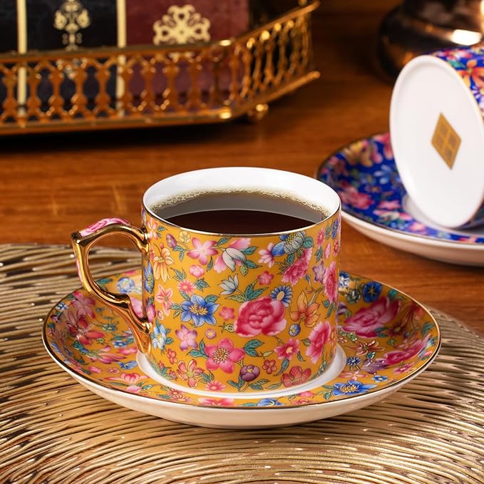 KAMMAK Tea Cups and Saucers Set of 2, Ceramic Coffee Cup with Saucer for Espresso, Cappuccino, 7oz Vintage Yellow and Blue Floral Porcelain Novelty Mug for Home, Tea Party, Office