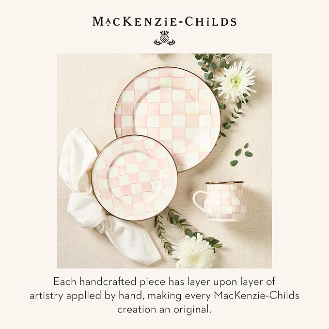 MACKENZIE-CHILDS Enamel Salad and Dessert Plate, Small Plate for Appetizers or Desserts, 8 Inches, Set of 4, Pink-and-White Rosy Check