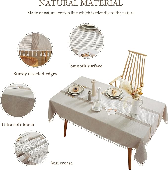 Pahajim Striped Tablecloth Rectangle with Tassels Thick Linen Cotton Table Cloth for Outdoor Picnic Dining and Holiday Kitchen Decor Rectangle/Oblong,55''x94'', 6-8 Seats