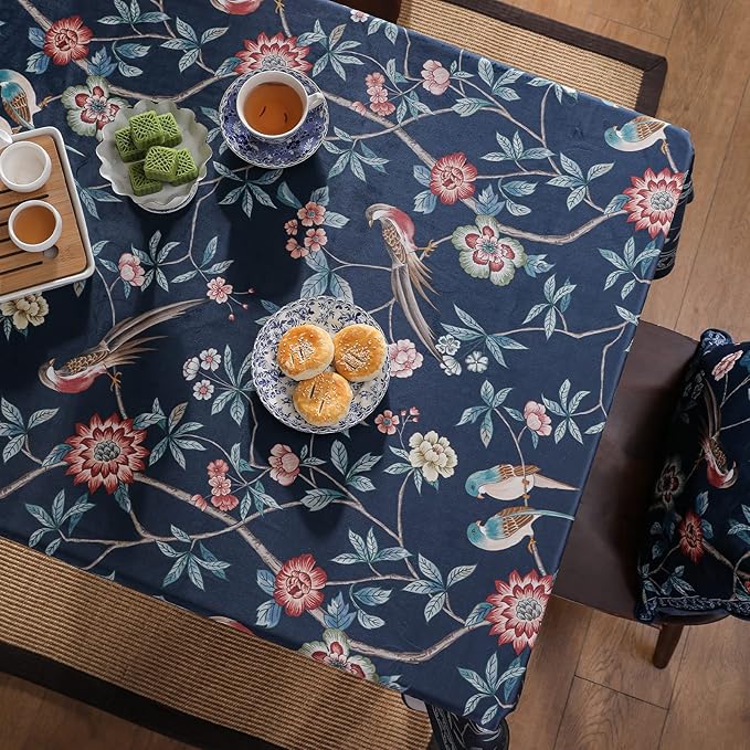 patdrea Designer Dark Blue Linen Rectangular Tablecloth,Vintage Navy French Floral and Birds Pattern Table Cloth,Decoration Table Cover for Kitchen,Dining,Tea Party,Home,Christmas,67"*118"