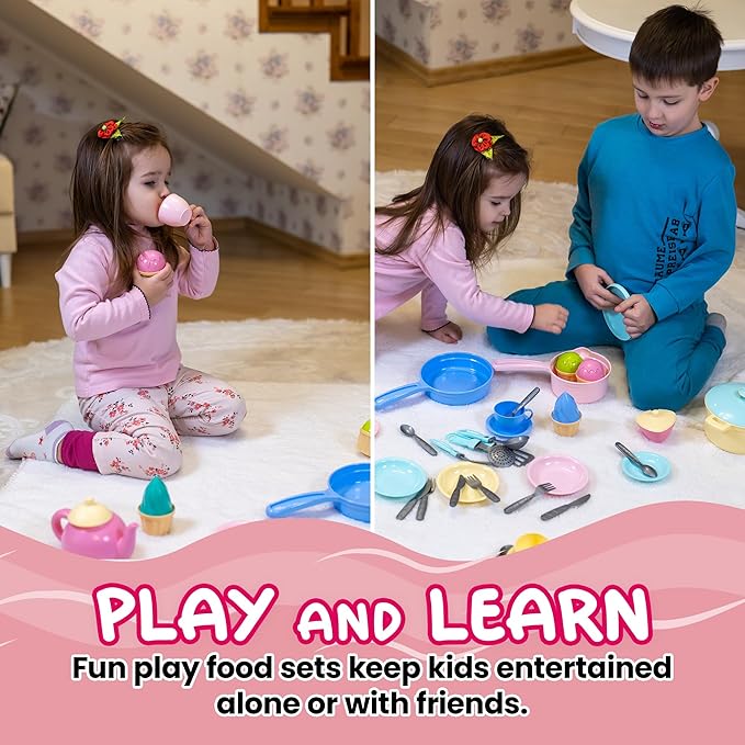 uToyz Kids Play Kitchen Toys – 49pcs Pretend Play Kitchen Accessories with Cooking Toys, Large Kids Pots and Pans Playset, Toy Dishes for Toddler Cooking Set, Pretend Pots and Pans for Ages 3+