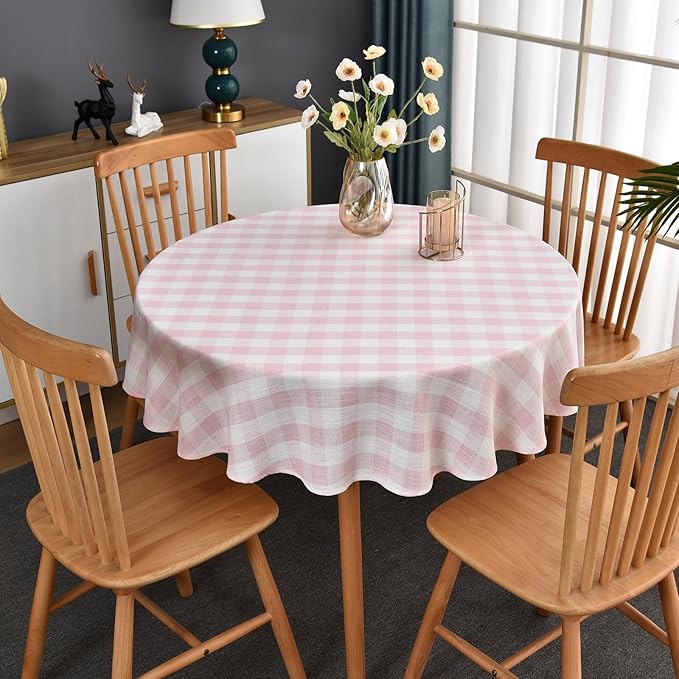 Gingham Table Cloth for Round Tables Pink Checkered Plaid Tablecloth Heavy Duty Cotton Blend Washable & Wrinkle Table Cover for Outdoor Kitchen Dining Picnic Camping (53 inch Diameter)