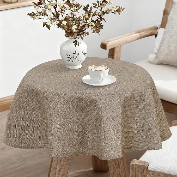 JIUZHEN Round Textured Table Cloth Linen Wrinkle Free Stain Resistant Farmhouse Decorative Circular Tablecloth for Kitchen, Dining, Party, Wedding, Outdoor Use (40 Inch Round,Khaki)