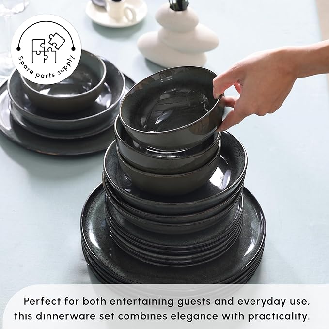Karaca Fein 24 Piece Reactive Glaze Dinner Set for 6 People, Modern Design with Unique Handcrafted Patterns, Durable Kitchen Plates and Bowls Sets, Stoneware Dinnerware & Dishwasher Safe