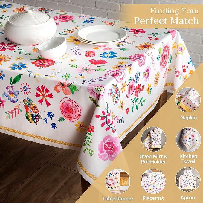 Maison d' Hermine Table Cloth Rectangle Table 100% Cotton 60 x 108 Inches Tablecloth Reusable Decorative for Dining Room Farmhouse Home Valentines Day Decorations Spring Summer- Happy Florals - Sweety