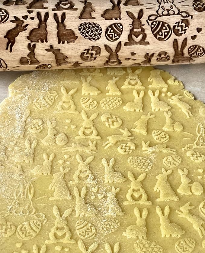 EASTER 3 Mini Embossed Rolling Pin Set. Wooden Laser Cut Embossing Rolling Pins for Embossed Cookies. Easter, Rabbit, Egg, Chicken, Spring, Flowers from Algis Crafts