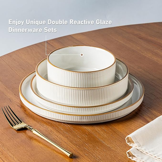 GBHOME 12-Piece Stoneware Dinnerware Set for 4 – Ribbed Ceramic Plates and Bowls, Scratch-Resistant, Microwave & Dishwasher Safe, Reactive Glaze, White with Honey-Brown Edge