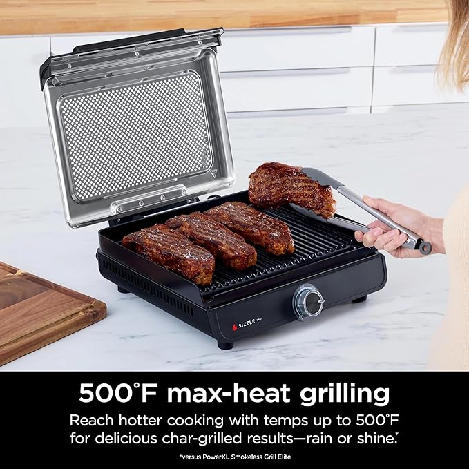 Ninja GR100 Sizzle Smokeless Indoor Grill with Nonstick Grill Plate, Dishwasher-Safe Removable Mesh Lid, 500F Max Heat, Even Edge-to-Edge Cooking, Black (Renewed)
