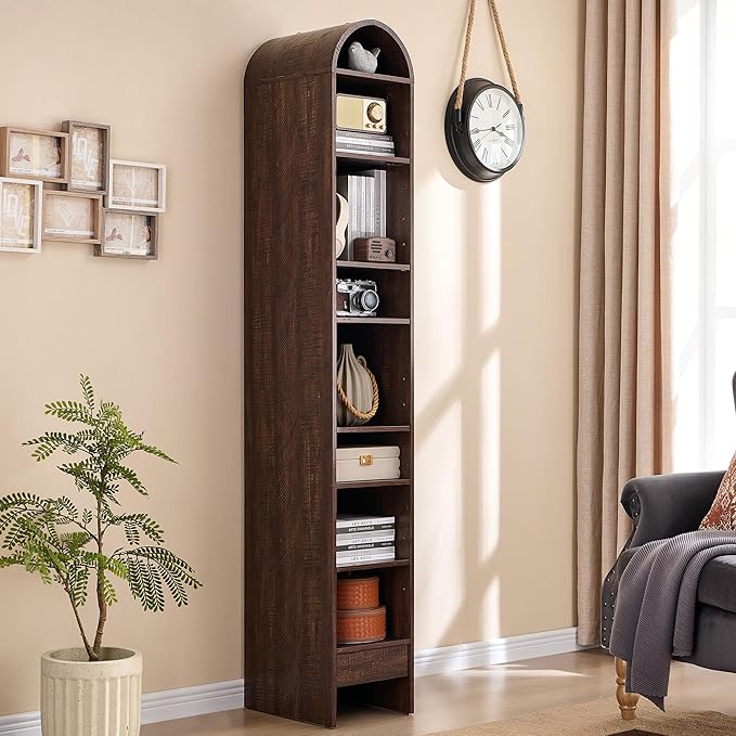 67" Tall Arched Bookshelf, 8 Tiers Arch Bookcase with Storage, Modern Farmhouse Book Shelf with Adjustable Shelves, Wood Bookshelf w/Open Display Shelves for Living Room, Office (Brown)