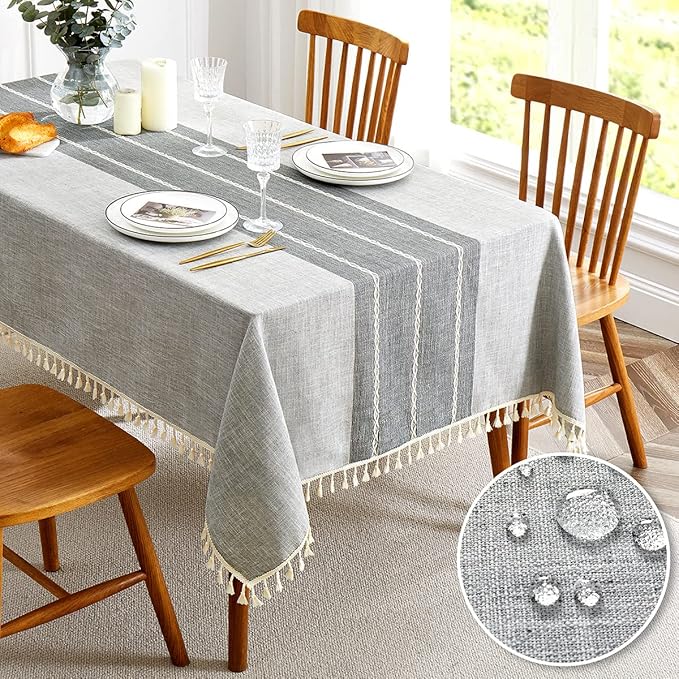 QIANQUHUI Embroidered Tablecloth for Dining Table,Rustic Farmhouse Kitchen Table Cover, Dust Proof Spillproof Soil Resistant Cotton Linen Rectangle Tablecloths (L-Gray,55x102 inch)