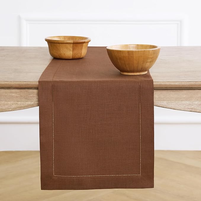 Solino Home Linen Brown Table Runner 120 Inches Long - 100% Pure Linen Hemstitch 14 x 120 Inch Table Runner for Dining - Classic Hemstitch