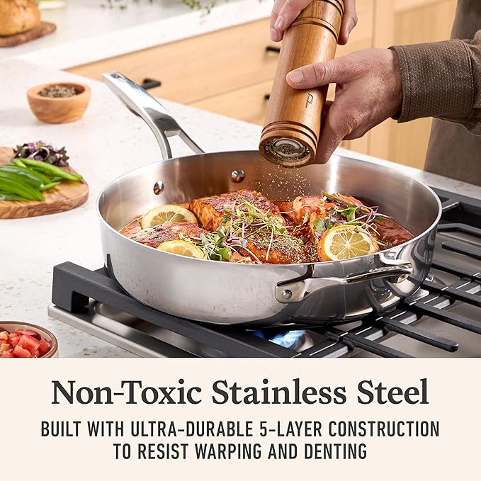 Calphalon Premier Polished 5-Ply Stainless Steel Cookware Set w/Turbo Heat Tech 6 Piece Includes Frying Pans, Pots and Pans Set, Induction, Oven Safe 500F, Silver