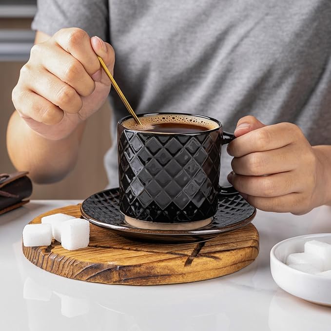GBhome 8OZ Stackable Coffee Mugs, Ceramic Coffee Mugs with Texture Patterns for Man,Woman,Dad,Mom, Modern Coffee Cups Set of 4 for Espresso/Cappuccino/Cocoa. Dishwasher&Microwave Safe, Black